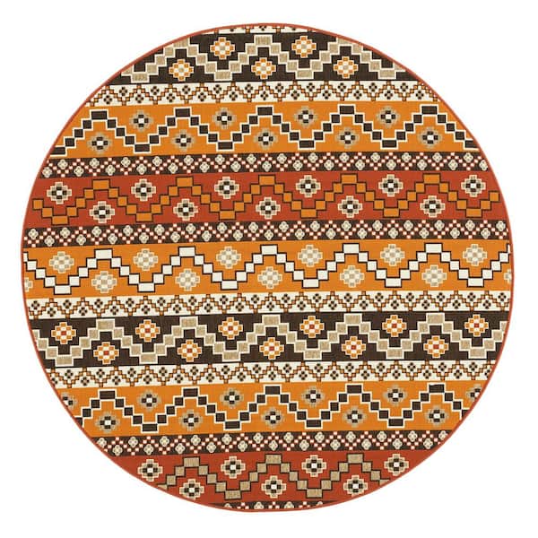 SAFAVIEH Veranda Red/Chocolate 7 ft. x 7 ft. Aztec Tribal Indoor/Outdoor Round Area Rug