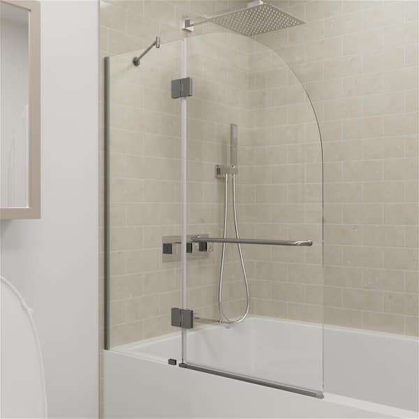 INSTER VENUS 48 in. W x 58 in. H Pivot Frameless Tub Door in Metal Gray Hinges with Clear Glass (Include Fixed Panel)