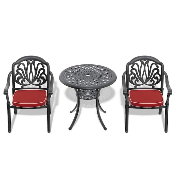 Willit Elizabeth Black 3-Piece of Cast Aluminum Outdoor Dining Set with 30.71 in. Round Table and Random Color Seat Cushions