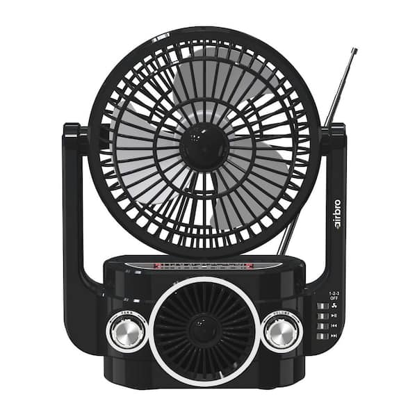 5 in. Rechargeable Portable Fan in Black with Bluetooth Speaker and 3-Band Radio
