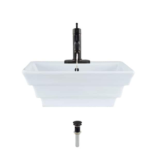 MR Direct Porcelain Vessel Sink in White with 753 Faucet and Pop-Up Drain in Antique Bronze