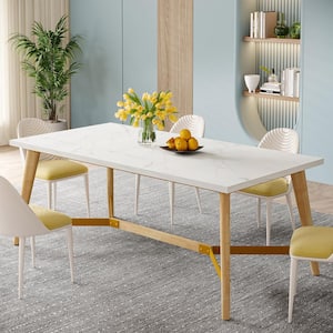 Halseey Modern White Faux Marble Wood 71 in. Trestle Dining Table Seats 6-8