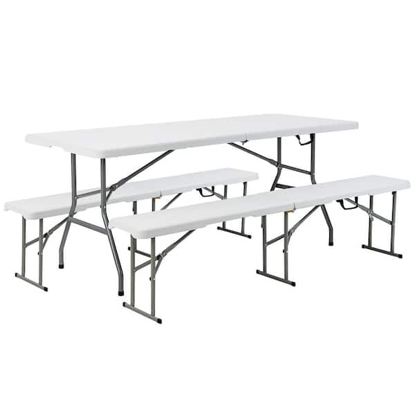 Costway Rectangle Metal Outdoor Picnic Table Set Folding Long Table with 2 Bench Seats