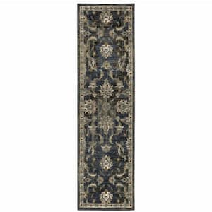 Charcoal Blue Gold Rust and Beige 2 ft. x 8 ft. Oriental Power Loom Stain Resistant Runner Rug