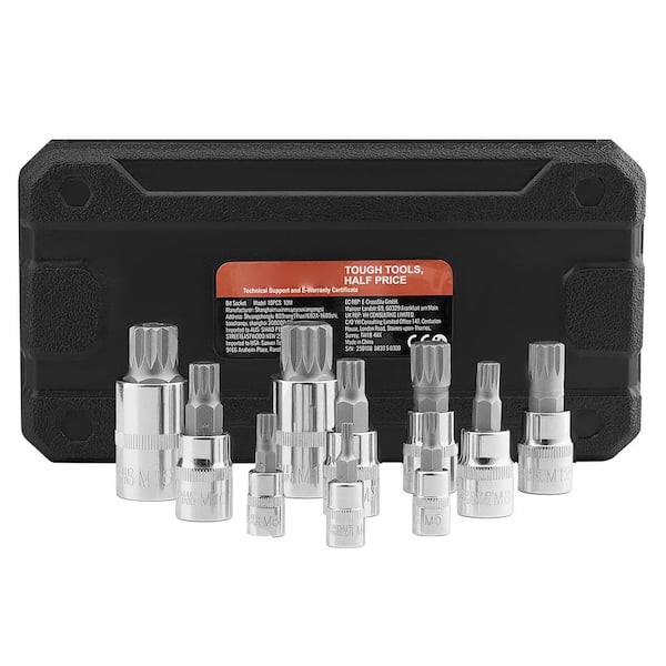 XZN Triple Square Spline Bit Socket Set, 10-Piece M4-M18, Premium Cr-V Steel, 1/4 in., 3/8 in., and 1/2 in. Drives