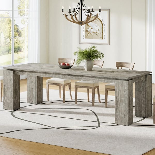 BYBLIGHT Roesler Farmhouse Gray Engineered Wood 86.6 in. 4 Legs Rectangle Dining Table Seats-8