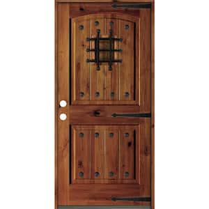 30 in. x 80 in. Mediterranean Knotty Alder Arch Top Red Chestnut Stain Right-Hand Inswing Wood Single Prehung Front Door