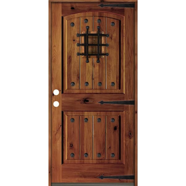 Krosswood Doors 42 in. x 80 in. Mediterranean Knotty Alder Arch Top Red Chestnut Stain Right-Hand Inswing Wood Single Prehung Front Door