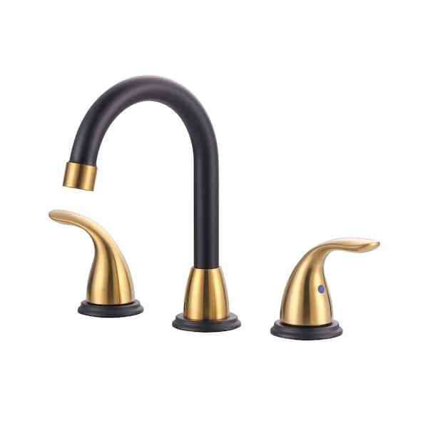 WOWOW 8 in. Widespread Double Handle Bathroom Faucet with Drain Kit Included in Gold and Black