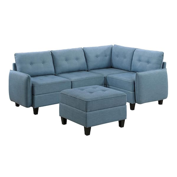 Swallowtail 86 in. Pillow Top Arm 5-Piece Fabric Sectional Sofa with Storage and Ottoman in Blue
