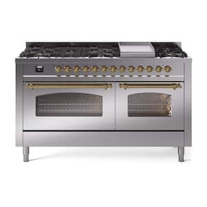 Nostalgie II 60 in. 9 Burner+Griddle Freestanding Double Oven Dual Fuel Range in Stainless Steel with Brass