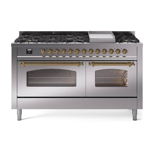 ILVE Nostalgie II 60 in. 9 Burner+Griddle Freestanding Double Oven Dual Fuel Range in Stainless Steel with Brass