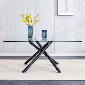 Large Modern Rectangular Clear Glass Dining Table 71 in. Black Cross Legs Table Base Type Dining Table Seats 6