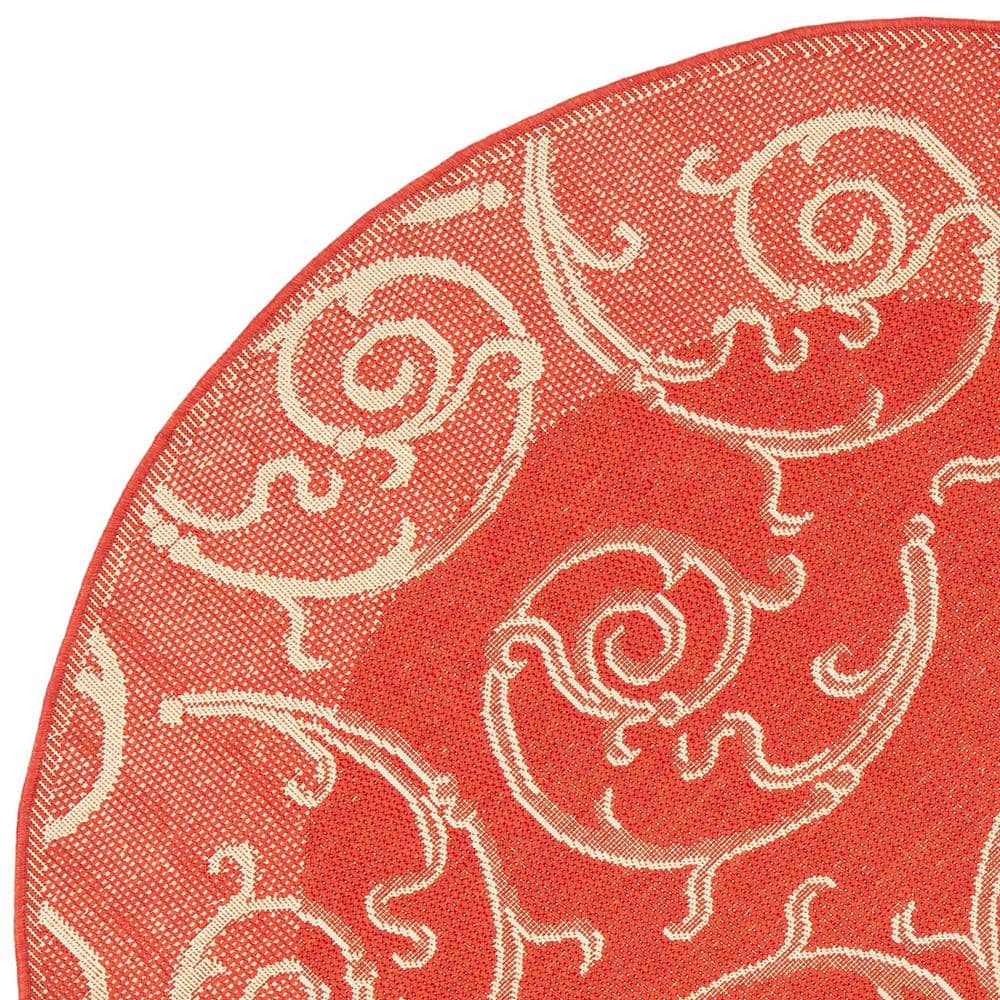 Vibrant Red Floral Vine Scroll 6'7" Round Indoor/Outdoor Rug