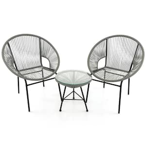 3PCS Patio Acapulco Furniture Outdoor Bistro Set Plastic Rope Glass Table Grey