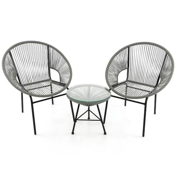 Costway 3PCS Patio Acapulco Furniture Outdoor Bistro Set Plastic Rope Glass Table Grey