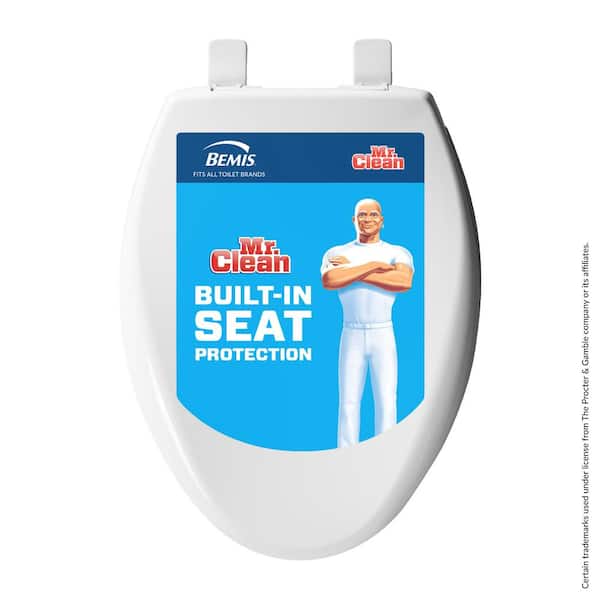 BEMIS Mr. Clean Elongated Soft Close Plastic Closed Front Toilet Seat in White Removes for Easy Cleaning + Antimicrobial