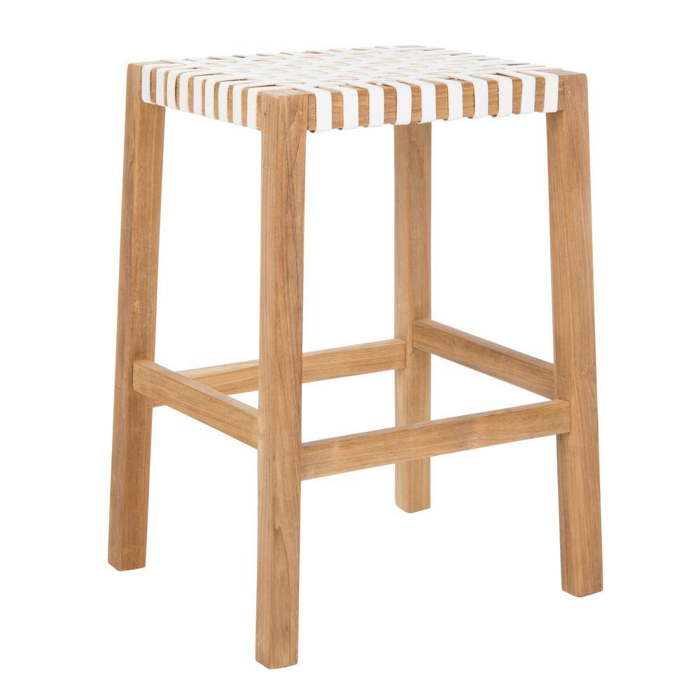Natural Teak and White Leather Backless Counter Stool