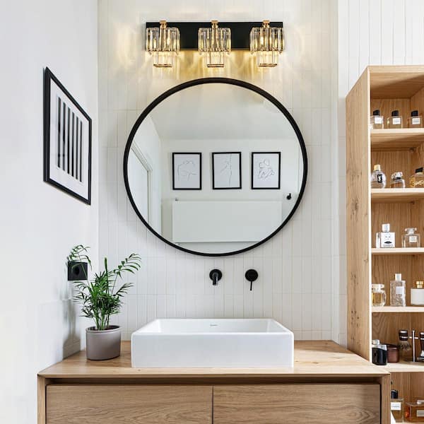 Schonbek 23.62 in. 3-Light 2-Tier Modern Black and Gold Dimmable Bathroom Vanity Light with Crystal Shades