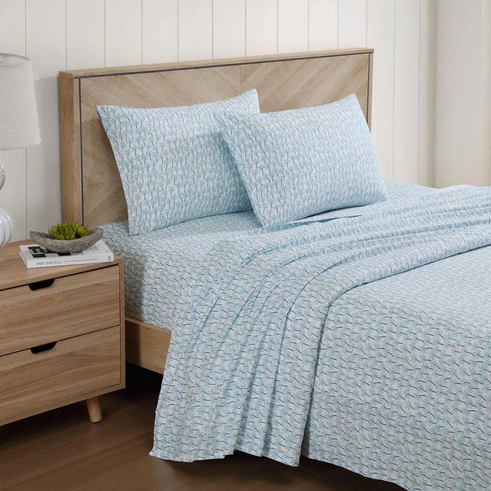 King Blue Cotton Percale Palm Print Sheet Set