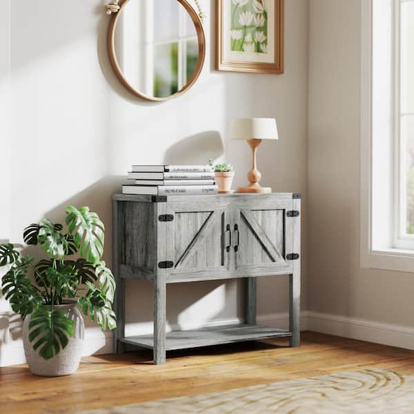 HOMCOM Distressed Farmhouse Gray 31.75 in. Sideboard Storage Cabinet with Cabinet and Bottom Shelf