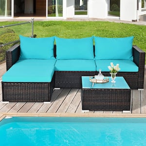 5-Pieces Wicker Patio Conversation Set Sectional Sofa Set with Blue Cushions