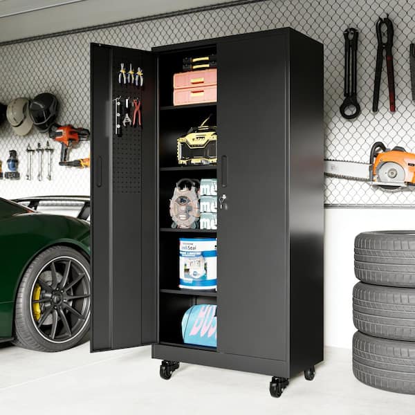 71 in. H Black Tall Steel Garage Storage Cabinet w/Doors Wheels 4