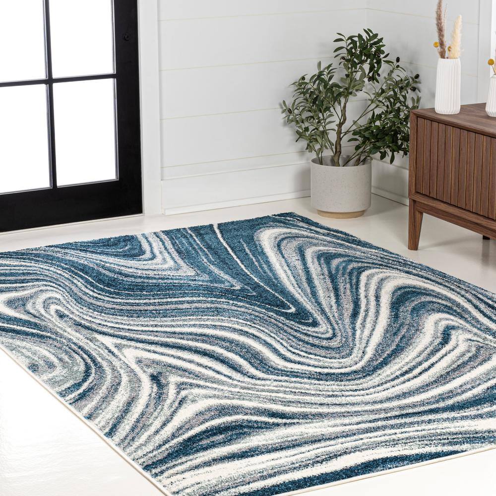 Turquoise and Cream Abstract Marble 5x8 Area Rug