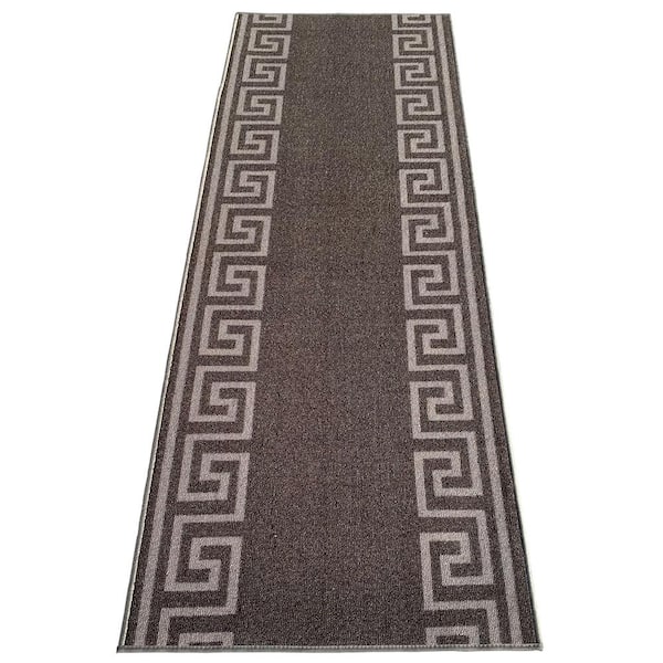 Greek Key Dark Gray and Light Gray 26 in. Width x Your Choice Length Custom Size Roll Runner Rug/Stair Runner