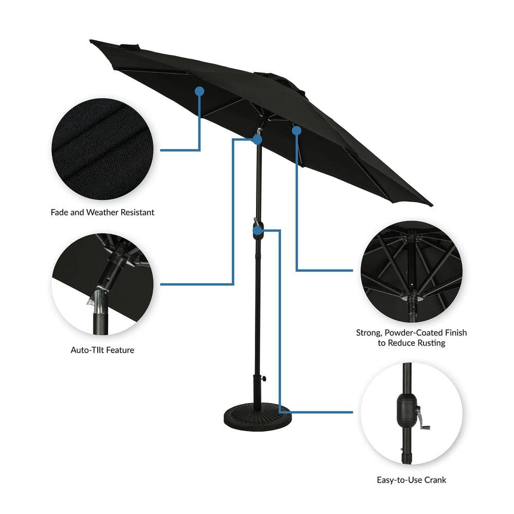 9-Foot Black Aluminum Market Patio Umbrella with Auto-Tilt