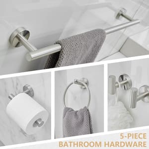 Bathroom Hardware 5-Piece Bath Hardware Set with Towel Bar, Towel Ring, Robe Hook, Toilet Paper Holder in Brushed Nickel