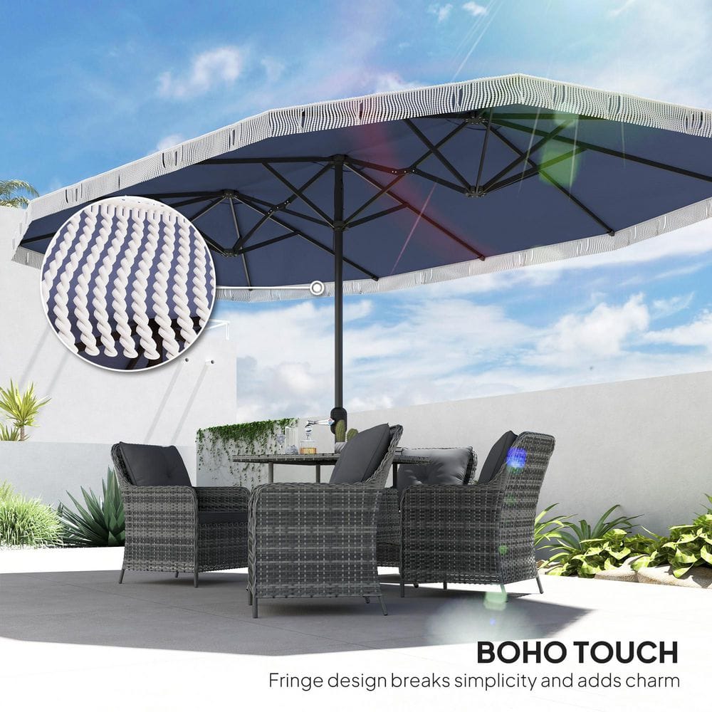 Extra Large Dark Blue Polyester Patio Umbrella with Fringe