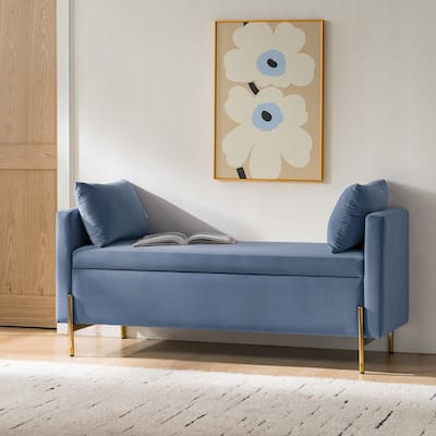 Claudius Modern 56 in. Slate-Blue Upholstered Flip Top Storage Bench with Arms and Adjustable Storage Space
