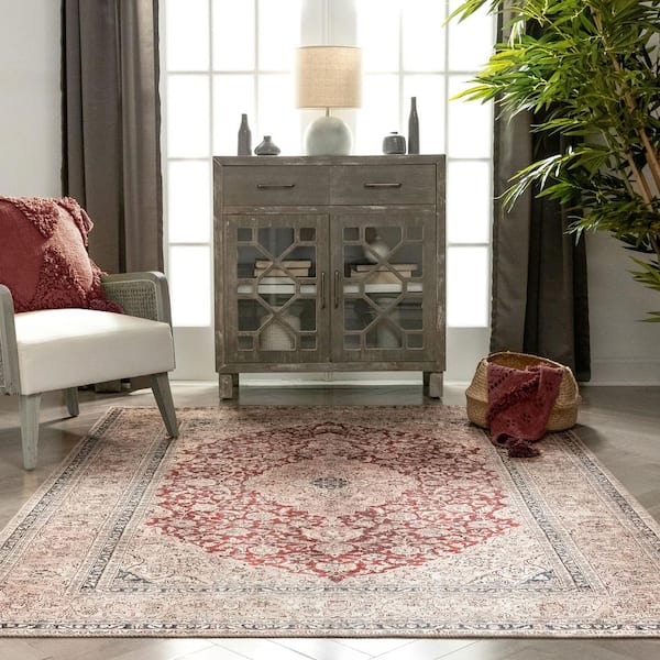 Lotus Tonti Red Vintage Medallion Oriental 7 ft. 10 in. x 9 ft. 10 in. Machine Washable Area Rug