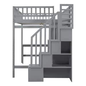 Full size Loft Bed with Bookshelf, Drawers, Desk, and Wardrobe-Gray