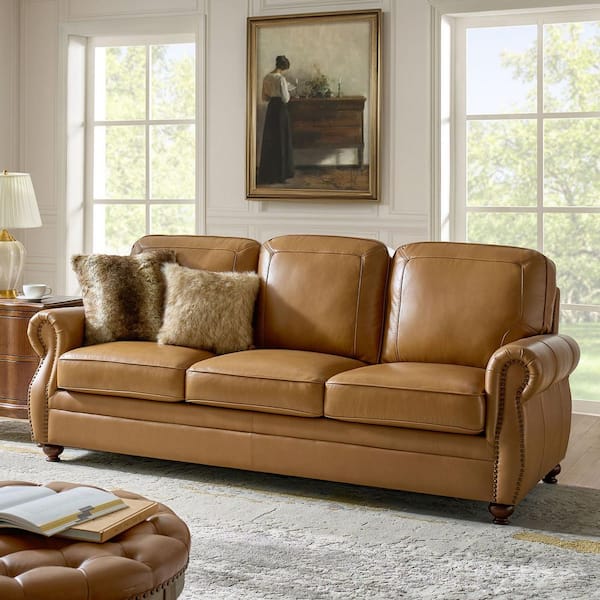 Justina 85.5 in. Traditional Rectangular Rolled Arms Genuine Leather Sofa with Nailhead Trims in Camel