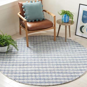 Abstract Blue/Ivory 6 ft. x 6 ft. Modern Plaid Round Area Rug