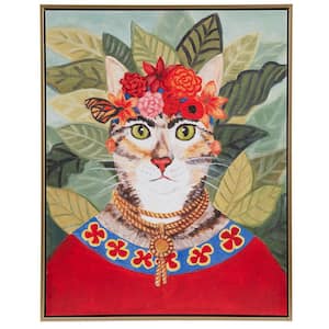 17 in. W x 21 in. L Multicolor Bohemian Cat in Forest Wood Framed Canvas Wall Art, Cute Animal Wall Art Decor