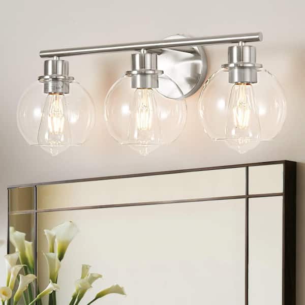 Deyidn Modern 21.65 in. 3-Light Nickel Bathroom Vanity Light Interior Powder Room LED Lighting with Clear Globe Shades