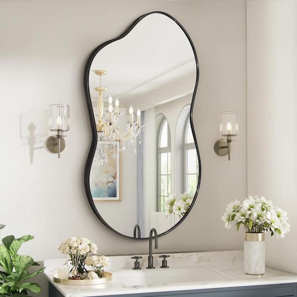 Hochwertiges 36 in. W. x 24 in. H Irregular Black Aluminum Alloy Framed Wall Mirror Asymmetrical Wall Mirror
