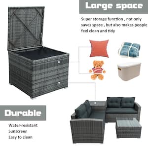 Modern Natural Gray Wicker Outdoor Furniture Sofa Set with Large Storage Box and Gray Cushions