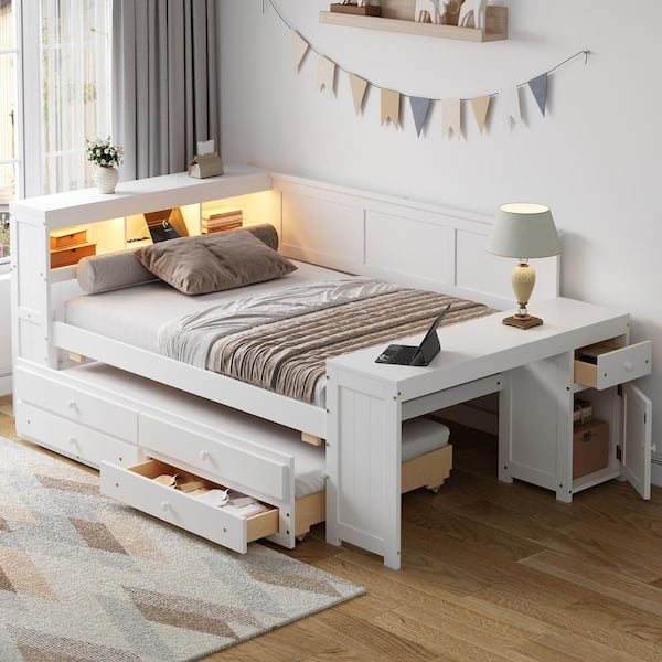 Multi-functional White Twin Daybed with Drawers, Desk, Storage Shelves, USB Charging Station, LED Lights, Twin Trundle
