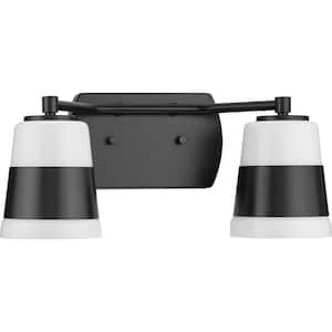 Haven Collection 16 in. 2-Light Matte Black Opal Glass Luxe Industrial Vanity Light