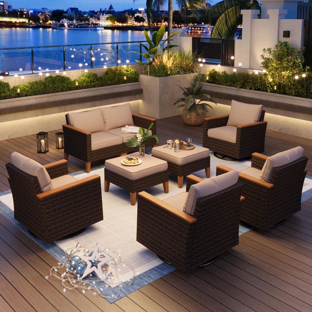 Brown Wicker Rattan 8 Seat 8-Piece Steel Outdoor Patio Conversation Set with Beige Cushion 4 Swivel Sofas and 2 Ottomans