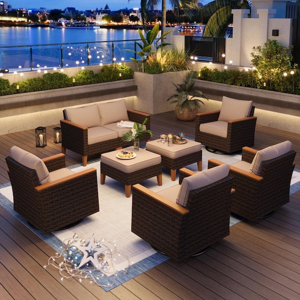 PHI VILLA Brown Wicker Rattan 8 Seat 8-Piece Steel Outdoor Patio Conversation Set with Beige Cushion 4 Swivel Sofas and 2 Ottomans