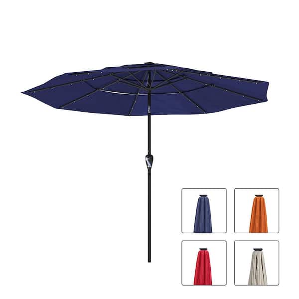 Mondawe 10 ft. Aluminum Pole Market Tilt Patio Umbrella 3-Tiers Vented Solar LED Outdoor Umbrella in Navy Blue