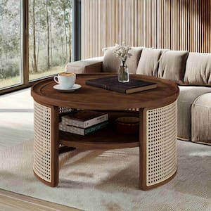 31.3 in. Walnut Round Wood Coffee Table with 2-Tiered Storage