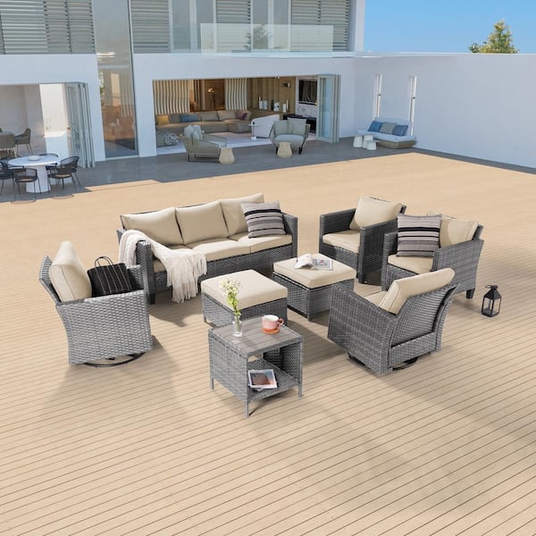 Sonkuki 8-Piece Patio Sofa Set Grey Wicker Outdoor Furniture Set Swivel Rocking Sofa, Linen Flax Beige Cushions
