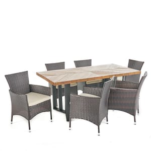 Taylor Multi-Brown 7-Piece Faux Rattan Outdoor Dining Set with Beige Cushions