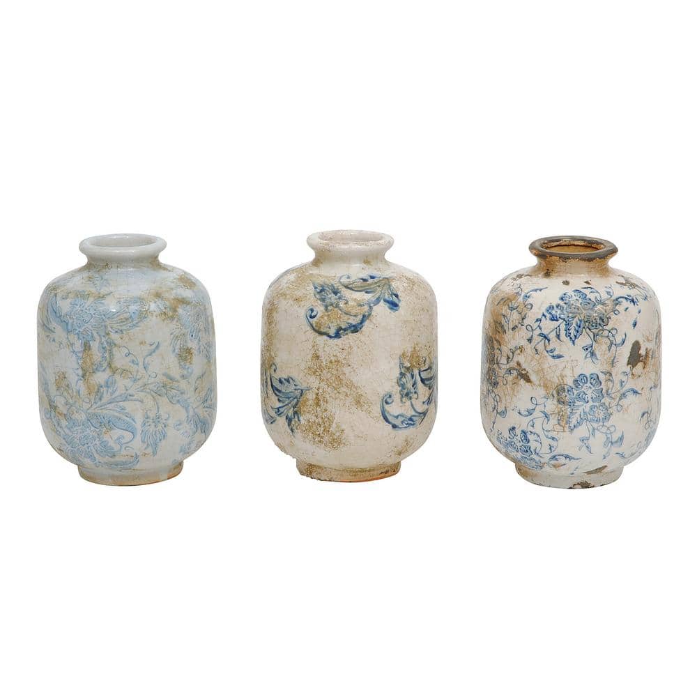 Storied Home Decorative Terra-cotta Vases 4 in. in Blue and White (Set of 3) DA4527SET - The Home Depot